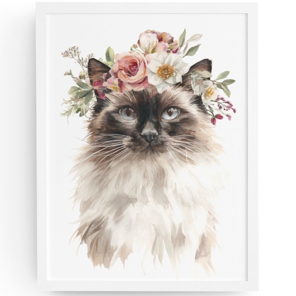 Watercolor Ragdoll Cat with Flower Crown Wall Art Print Unframed - Picture 1 of 7